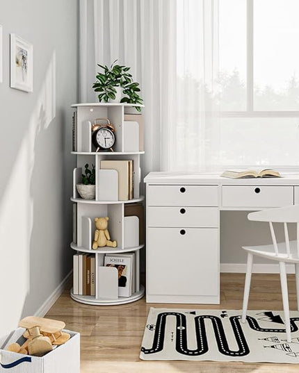 OTK Rotating Bookshelf, 360° Display Standing Book Shelf Organizer, 4 Tier Wooden Corner Bookshelves for Small Space, Small Bookcase Storage Rack for Kids' Room, StudyRoom, Bedroom, White - LeafyLoom