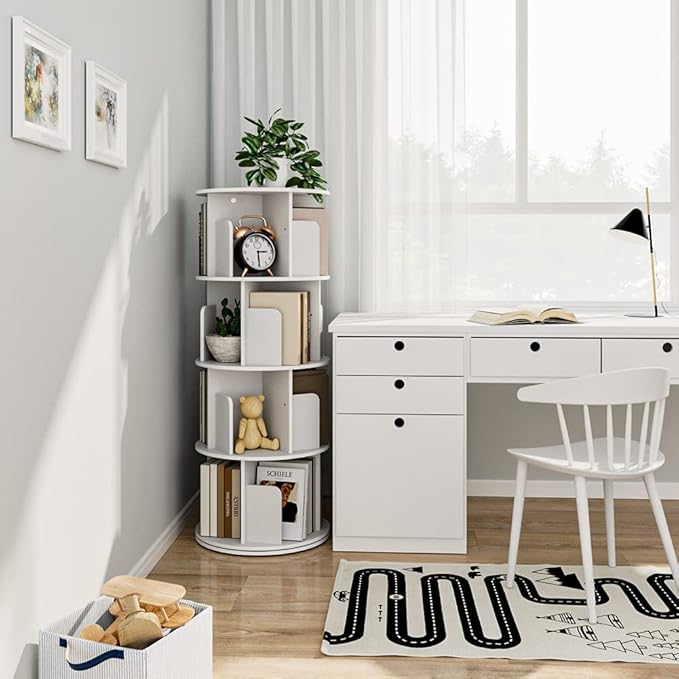 OTK Rotating Bookshelf, 360° Display Standing Book Shelf Organizer, 4 Tier Wooden Corner Bookshelves for Small Space, Small Bookcase Storage Rack for Kids' Room, StudyRoom, Bedroom, White - LeafyLoom