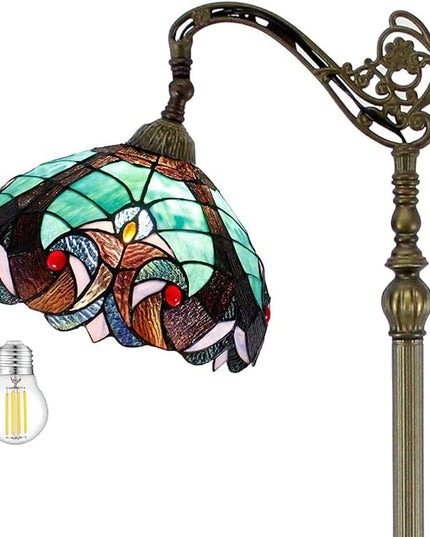 WERFACTORY Tiffany Floor Lamp Green Liaison Stained Glass Arched Lamp 12X18X64 Inches Gooseneck Adjustable Corner Standing Reading Light Decor Bedroom Living Room S160G Series - LeafyLoom