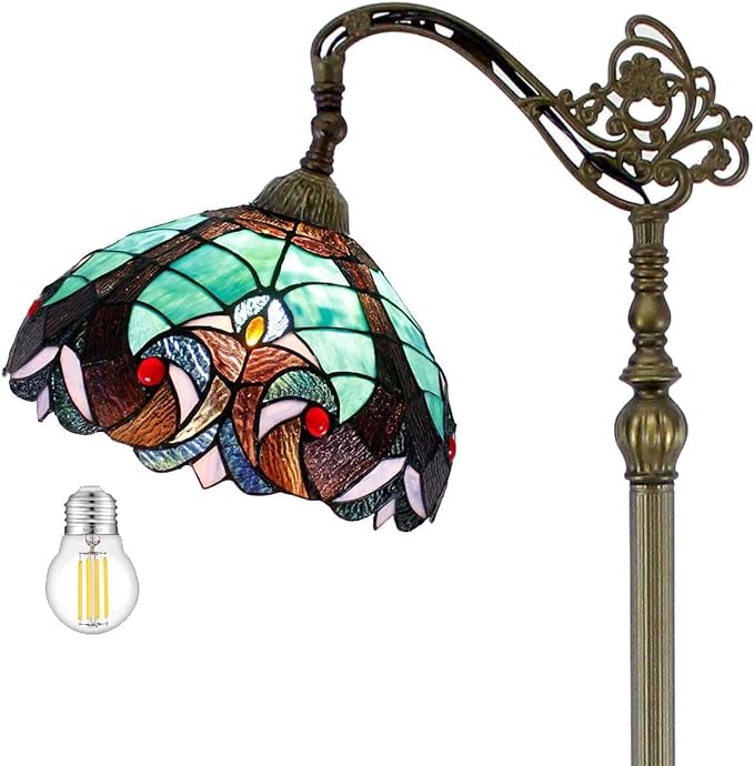 WERFACTORY Tiffany Floor Lamp Green Liaison Stained Glass Arched Lamp 12X18X64 Inches Gooseneck Adjustable Corner Standing Reading Light Decor Bedroom Living Room S160G Series - LeafyLoom