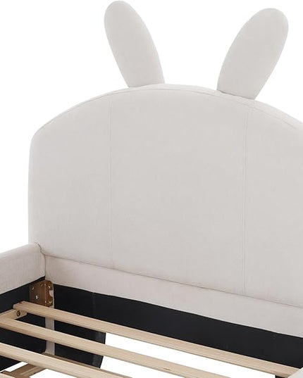 Twin Size Chenille Upholstered Platform Bed with Cartoon Ears Shaped Headboard and Twin-Size Trundle,Guardrail,Wood Bed-frame for Boys Girls,Bedroom Furniture for Children,White - LeafyLoom