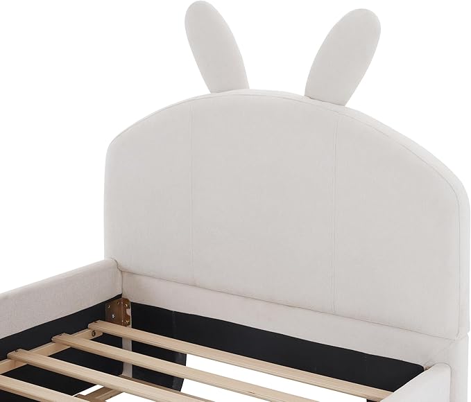 Twin Size Chenille Upholstered Platform Bed with Cartoon Ears Shaped Headboard and Twin-Size Trundle,Guardrail,Wood Bed-frame for Boys Girls,Bedroom Furniture for Children,White - LeafyLoom