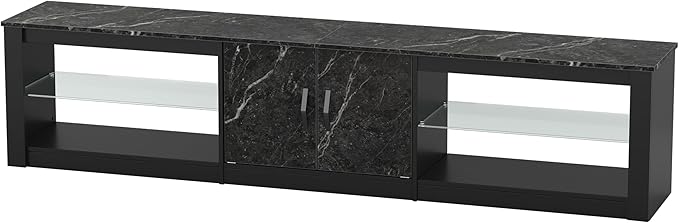 Bestier 80 Inch TV Stand for 65/75/85 inch TVs, Modern LED Entertainment Center with Storage Cabinet, Adjustable Glass Shelves ＆ Cable Management, Gaming TV Console Table for Living Room, Black Marble - LeafyLoom