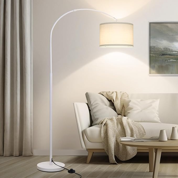 White Arc Floor Lamp, Modern Floor Lamp for Living Room with Adjustable Lamp Head, Tall Pole Standing Lamp with On/Off Pedal Switch, Over Couch Arched Reading Light for Bedroom, Office, Study Room - LeafyLoom