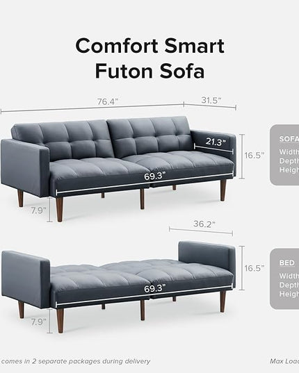 mopio Aaron Couch, Small Sofa, Futon, Sofa Bed, Sleeper Sofa, Loveseat, Mid Century Modern Futon Couch, Sofa Cama, Couches for Living Room, Bedroom (Cloud Gray, Faux Leather) - LeafyLoom