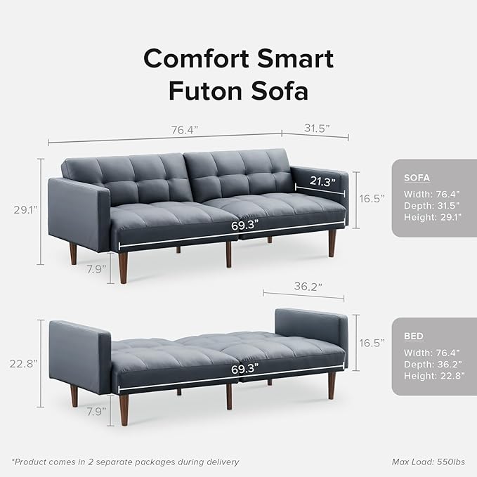 mopio Aaron Couch, Small Sofa, Futon, Sofa Bed, Sleeper Sofa, Loveseat, Mid Century Modern Futon Couch, Sofa Cama, Couches for Living Room, Bedroom (Cloud Gray, Faux Leather) - LeafyLoom