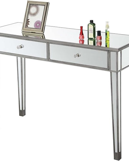 Convenience Concepts Gold Coast Mirrored Desk 42" - Console Table with 2 Drawers for Storage in Living Room, Office, Antique Silver/Mirror - LeafyLoom