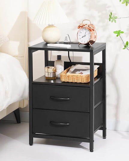 Yoobure Nightstand with Charging Station, Small Night Stand with Fabric Drawers and Storage Shelf for Bedrooms, Nightstands for Small Spaces, Bedside Table with USB Ports & Outlets Bed Side Table - LeafyLoom