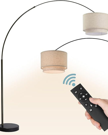 Modern 81" Tall Dimmable REMOTE CONTROL Standing Arc Floor Lamps with for Living Room - Corner Light Arching Lamp with Beige Double Shade and Marble Base - LeafyLoom