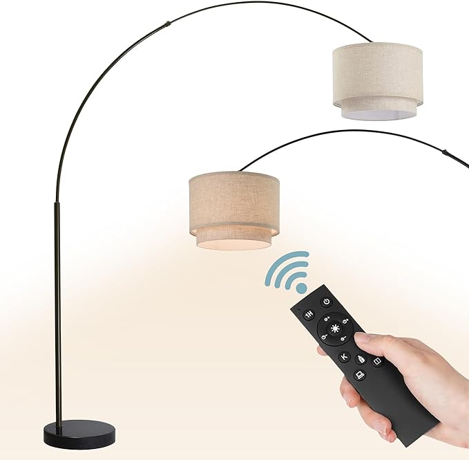 Modern 81" Tall Dimmable REMOTE CONTROL Standing Arc Floor Lamps with for Living Room - Corner Light Arching Lamp with Beige Double Shade and Marble Base - LeafyLoom