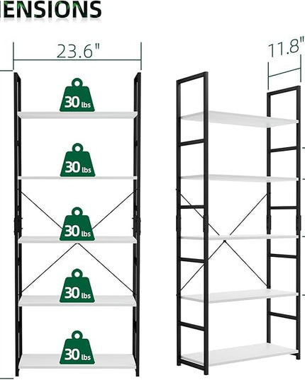 OTK 5 Tier Bookshelf, Tall Bookcase, Office Shelf Storage Organizer, Modern Book Shelf for Living Room, Bedroom, and Home Office, White - LeafyLoom