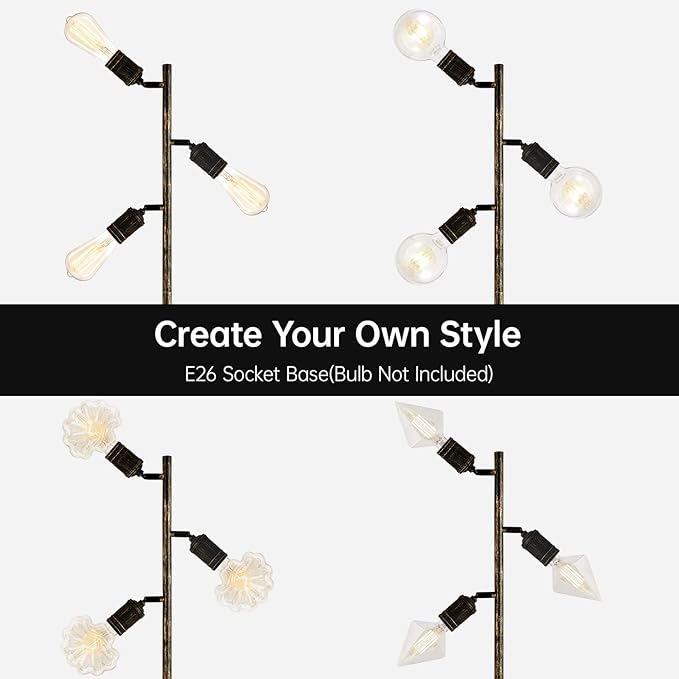 Industrial Floor Lamp, Standing Lamp, Bronze Finish Tree Floor Lamp with 3 Adjustable Rotating Lights, E26 Edison Bulb Floor Lamp for Living Room, Bedroom, Home, Office(Bulb not Included) - LeafyLoom