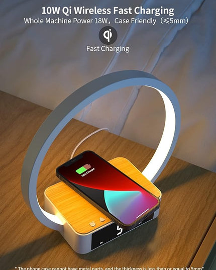 Amouhom Table Lamp, 18W Touch Lamp Alarm Clock with Wireless Charging Wake-Up Light, Digital Sonic 10W Max Qi Charger Nightstand Reading Lamps for Bedside, Reading, Home, Office - LeafyLoom