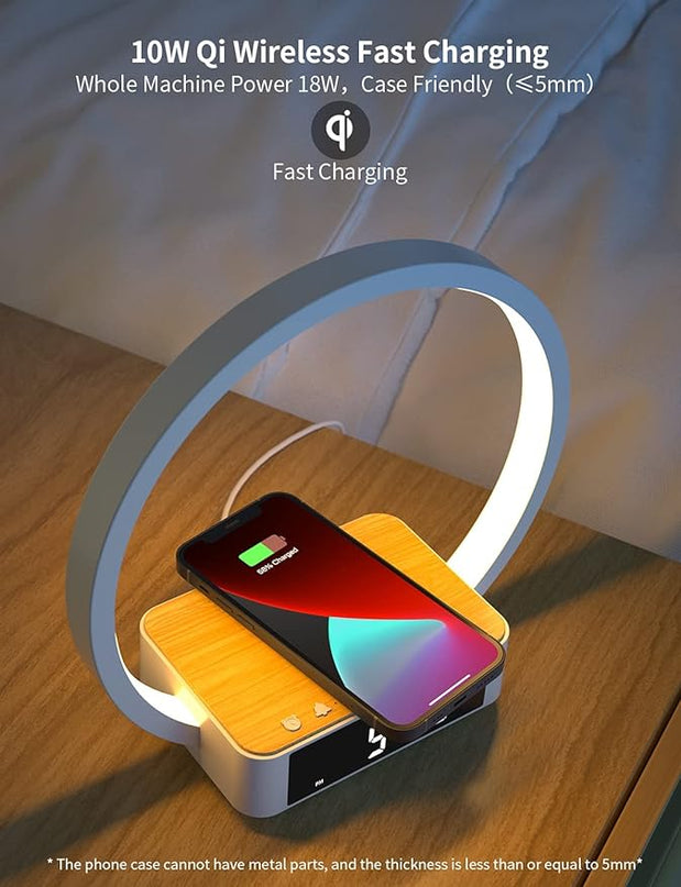 Amouhom Table Lamp, 18W Touch Lamp Alarm Clock with Wireless Charging Wake-Up Light, Digital Sonic 10W Max Qi Charger Nightstand Reading Lamps for Bedside, Reading, Home, Office - LeafyLoom