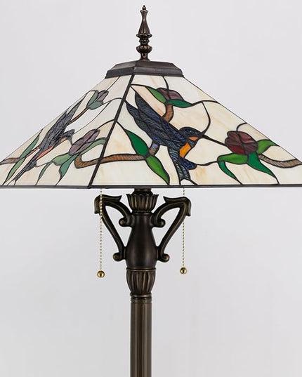 Tiffany Floor Lamp Mission Style Stained Glass Standing Reading Light 16X16X64 Inch Amber Hummingbird - LeafyLoom