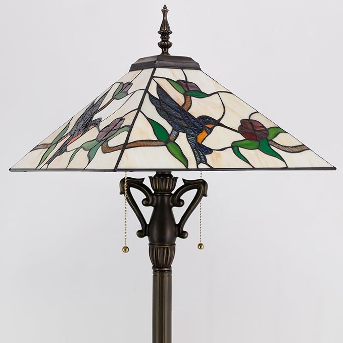 Tiffany Floor Lamp Mission Style Stained Glass Standing Reading Light 16X16X64 Inch Amber Hummingbird - LeafyLoom