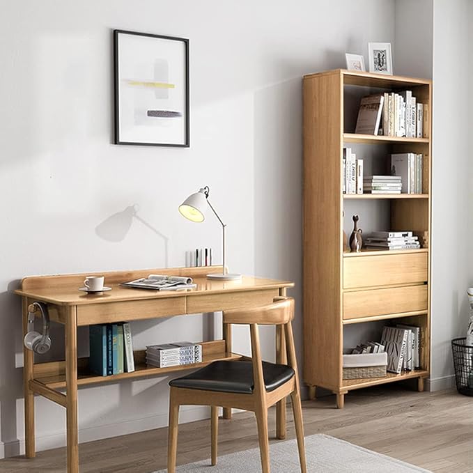 IOTXY Floorstanding Wooden Bookcase with Legs - 67" Tall Open Shelves Cube Billy Bookshelf with Drawers for Home and Office, Oak - LeafyLoom