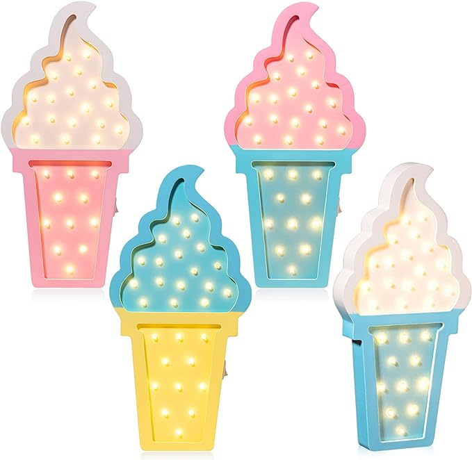 4 Pcs Ice Cream Party Decorations Ice Cream Night Light Ice Cream LED Atmosphere Light Wooden Ice Cream Wall Light Ice Cream Lamp Romantic Ice Cream Party Decor Battery Operated - LeafyLoom