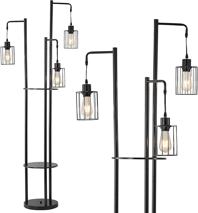 Dimmable floor lamp with table，Industrial Farmhouse Floor Lamp adjustable Angle，3 Light Rustic Standing Tall Lamp for living room, bedroom and office （bulbs included） - LeafyLoom