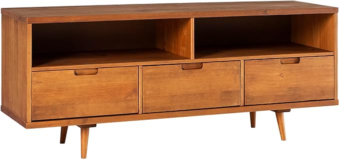Walker Edison 3-Drawer Mid Century Modern Wood TV Stand for TV's up to 65" Flat Screen Cabinet Door Living Room Storage Entertainment Center, 58 Inch, Caramel - LeafyLoom