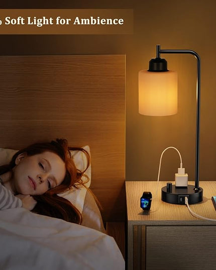 Industrial Bedroom Table Lamps for Bedside - White Opal Glass Shade Desk Lamps with USB C Port, Fully Dimmable Black Lamps with USB Port and Outlet, Reading Nightstand Lamp for Office Living Room - LeafyLoom