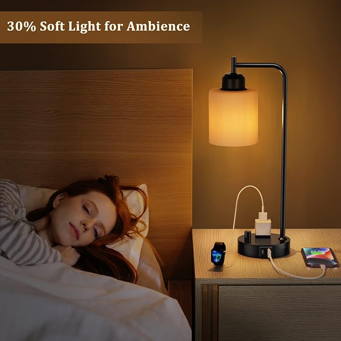Industrial Bedroom Table Lamps for Bedside - White Opal Glass Shade Desk Lamps with USB C Port, Fully Dimmable Black Lamps with USB Port and Outlet, Reading Nightstand Lamp for Office Living Room - LeafyLoom