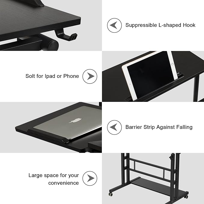 Hadulcet Stand Up Desk, Rolling Desk Adjustable Height, Mobile Standing Desk with Wheels & Charging Station, Portable Desk for Laptop, Rolling Computer Cart TV Tray, Small Standing Desk Drawing Desk - LeafyLoom