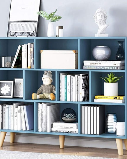 IOTXY Wooden Open Shelf Bookcase - 3-Tier Floor Standing Display Cabinet Rack with Legs, 10 Cubes Bookshelf, Bright Blue - LeafyLoom