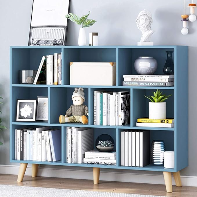 IOTXY Wooden Open Shelf Bookcase - 3-Tier Floor Standing Display Cabinet Rack with Legs, 10 Cubes Bookshelf, Bright Blue - LeafyLoom
