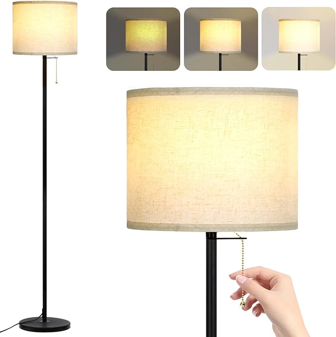 Modern Floor Lamp for Living Room Traditional Farmhouse Floor Lamps Mid-Century Pole Lamp with Linen Lamp Shade, Standing Tall Floor Lamps for Bedrooms and Office (Black-01) - LeafyLoom