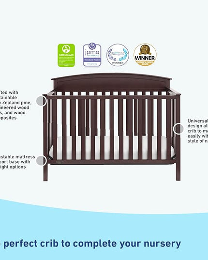 Graco Benton 5-in-1 Convertible Crib (Espresso) – GREENGUARD Gold Certified, Converts from Baby Crib to Toddler Bed, Daybed and Full-Size Bed, Fits Standard Full-Size Crib Mattress - LeafyLoom