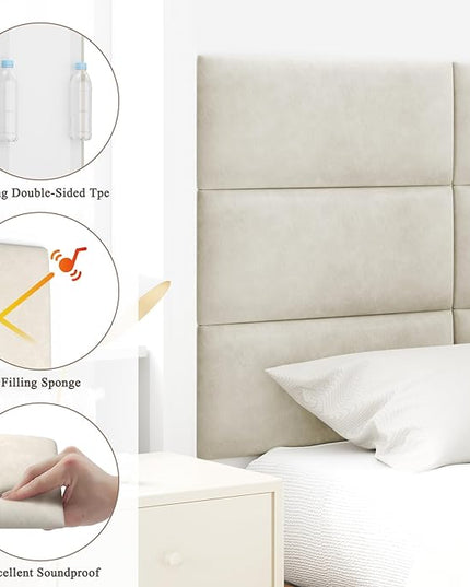 Queen Headboard, Wall Mounted Peel and Stick Headboard, Upholstered Leather Bed Headboard for Queen Size Bed, Floating Dorm Bedroom Tall Headboard Soundproof Wall Panels (9 Panels, 10"x24") - LeafyLoom