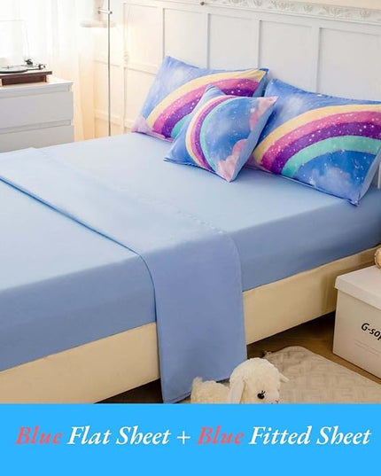Blue Girls Bedding Set Twin, 6Pcs Colorful Rainbow Kids Comforter Set for Girls, 3D Gradient Glitter Bed in A Bag with Comforter, Sheets and Pillowcases for Teens - LeafyLoom