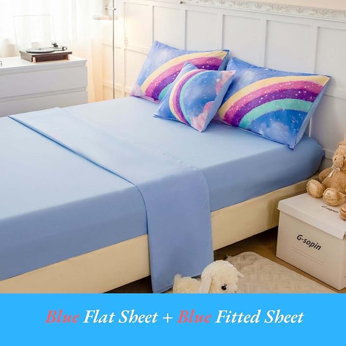 Blue Girls Bedding Set Twin, 6Pcs Colorful Rainbow Kids Comforter Set for Girls, 3D Gradient Glitter Bed in A Bag with Comforter, Sheets and Pillowcases for Teens - LeafyLoom