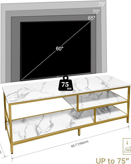 AT-VALY TV Stand for 55-75 inch TVs, Metal&MDF TV Stand with 3-Tier Storage Shelves for Living Room, Entertainment Center with Storage Cabinets (Gold) - LeafyLoom