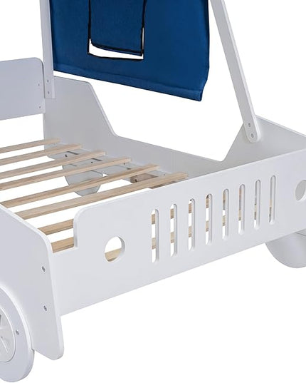 Full Size Kids Car Bed with Tent Canopy & Wheels,Wood Bedframe W/Safty Grille,Raised Base Design,Easy to Assemble,Toddler Boys Car-Shaped Bedroom Beds for Reading Playing Relaxing,White - LeafyLoom