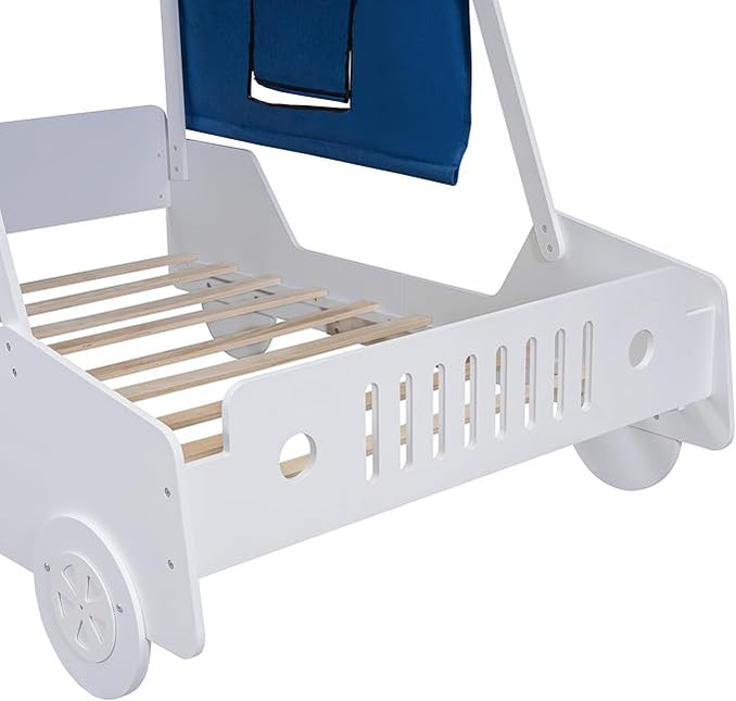 Full Size Kids Car Bed with Tent Canopy & Wheels,Wood Bedframe W/Safty Grille,Raised Base Design,Easy to Assemble,Toddler Boys Car-Shaped Bedroom Beds for Reading Playing Relaxing,White - LeafyLoom