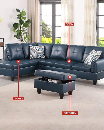 ROOMTEC Button 3 Piece L Shape Sectional Sofa Set, Upholstered Corner Couch with Storage Ottoman, Faux Leather Tufted Cushions, for Living Room, Apartment, 97inch, Denim w/Right Chaise Lounge - LeafyLoom
