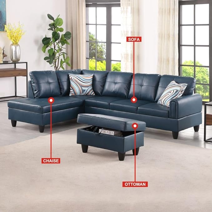 ROOMTEC Button 3 Piece L Shape Sectional Sofa Set, Upholstered Corner Couch with Storage Ottoman, Faux Leather Tufted Cushions, for Living Room, Apartment, 97inch, Denim w/Right Chaise Lounge - LeafyLoom