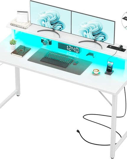 Computer Desk with USB Power Outlets and LED Lights, 55 inch Gaming desk with Monitor Stand for Small Space Home Office, Modern Simple Study Writing Table PC Desks, White - LeafyLoom