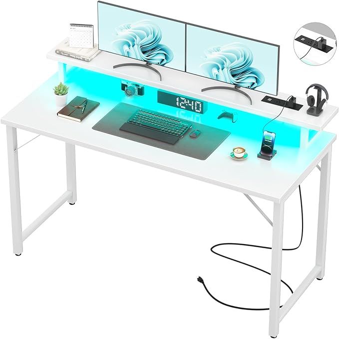Computer Desk with USB Power Outlets and LED Lights, 55 inch Gaming desk with Monitor Stand for Small Space Home Office, Modern Simple Study Writing Table PC Desks, White - LeafyLoom