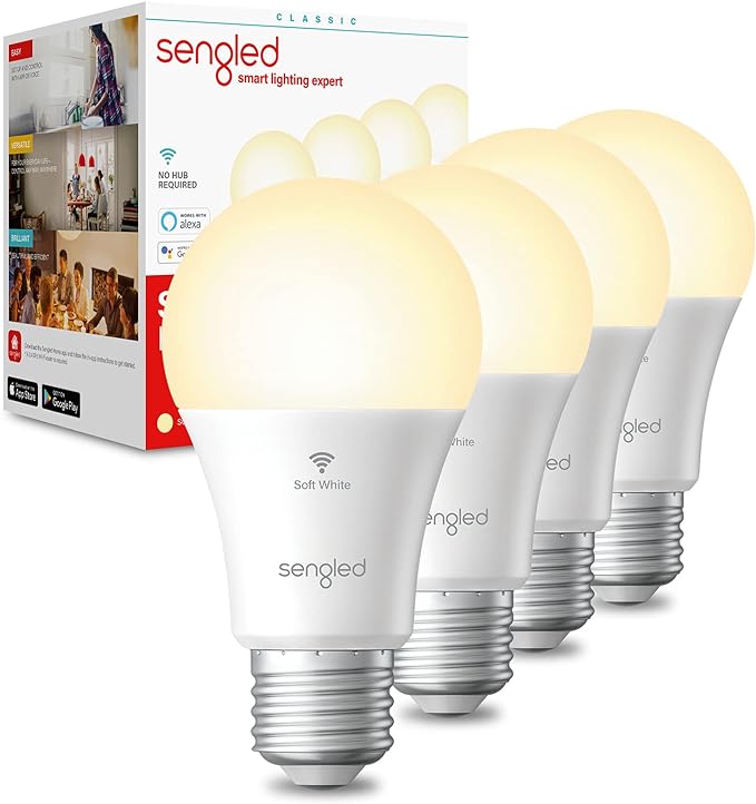 Sengled Alexa, WiFi, Smart Light Bulbs that Work with Alexa & Google Assistant,A19 Soft White(2700K)No Hub Required,800LM 60W Equivalent HighCRI)90,4Count(Pack of 1) Sengled