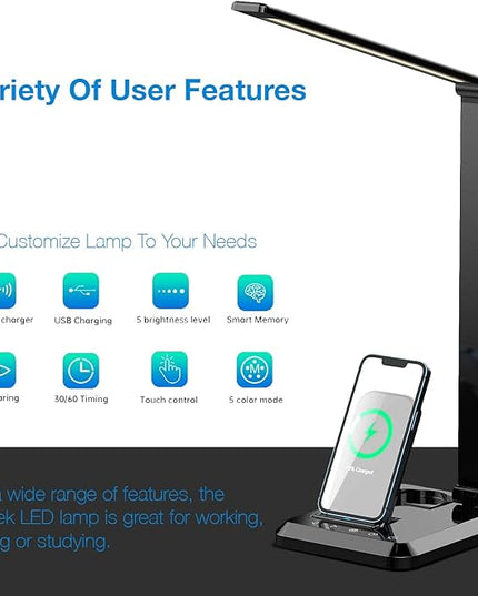 Fugetek LED Desk Office Lamp with Wireless Charger & USB Charging Port, Touch Control, 5 Lighting Modes, 30/60 Min Auto Timer, Eye-Caring, Dimmer, Black - LeafyLoom