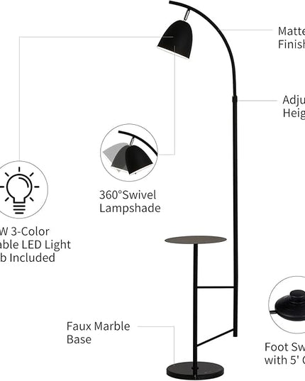 O'NEELDY Modern Black Arc Floor Lamp with Table Attached 71" Height Marble Arched Floor Lamp Curved Tall Shelf Standing Lamp for Living Room, Office, 360° Rotatable Shade, E26 Bulb Included - LeafyLoom