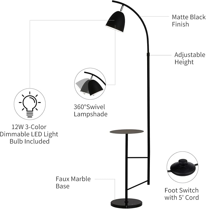 O'NEELDY Modern Black Arc Floor Lamp with Table Attached 71" Height Marble Arched Floor Lamp Curved Tall Shelf Standing Lamp for Living Room, Office, 360° Rotatable Shade, E26 Bulb Included - LeafyLoom