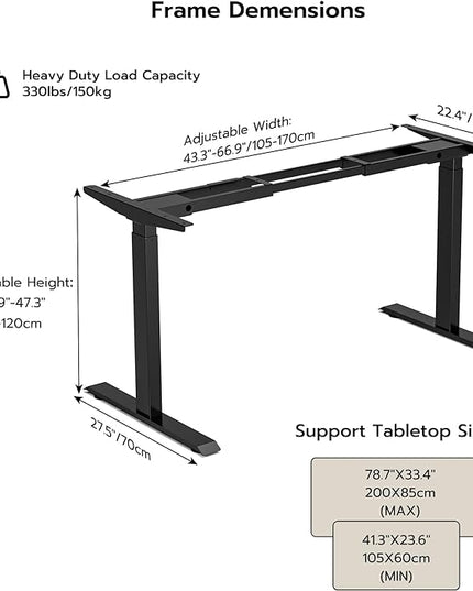 Heavy-Duty Dual Motor Standing Desk Frame Adjustable Height Sit Stand Desk Leg for Home and Office DIY (Black Frame Only) - LeafyLoom