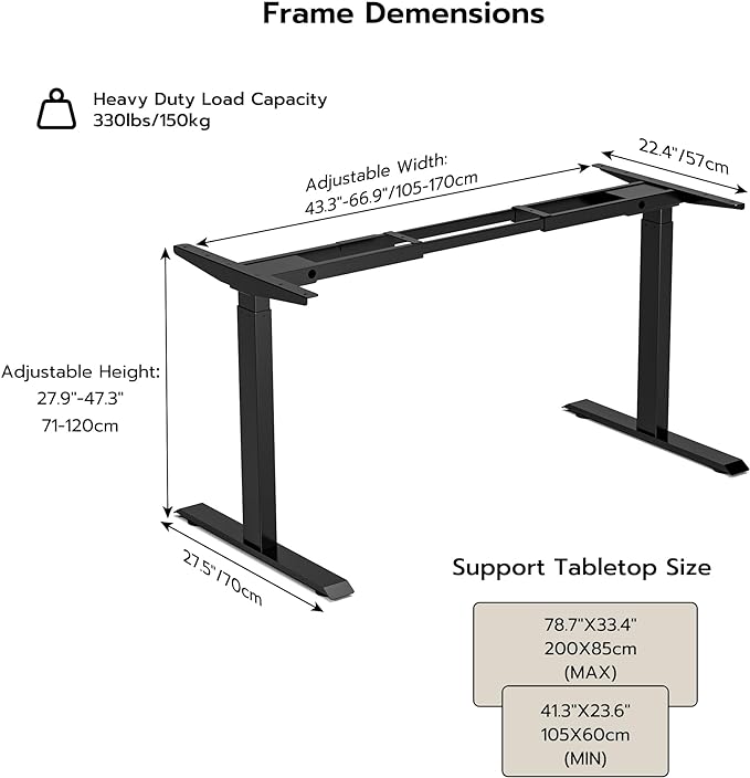 Heavy-Duty Dual Motor Standing Desk Frame Adjustable Height Sit Stand Desk Leg for Home and Office DIY (Black Frame Only) - LeafyLoom