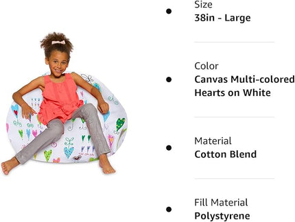 Posh Creations Bean Bag Chair for Kids, Teens, and Adults Includes Removable and Machine Washable Cover, Canvas Multi-Colored Hearts on White, 38in - Large - LeafyLoom