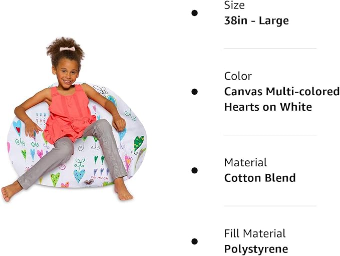 Posh Creations Bean Bag Chair for Kids, Teens, and Adults Includes Removable and Machine Washable Cover, Canvas Multi-Colored Hearts on White, 38in - Large - LeafyLoom