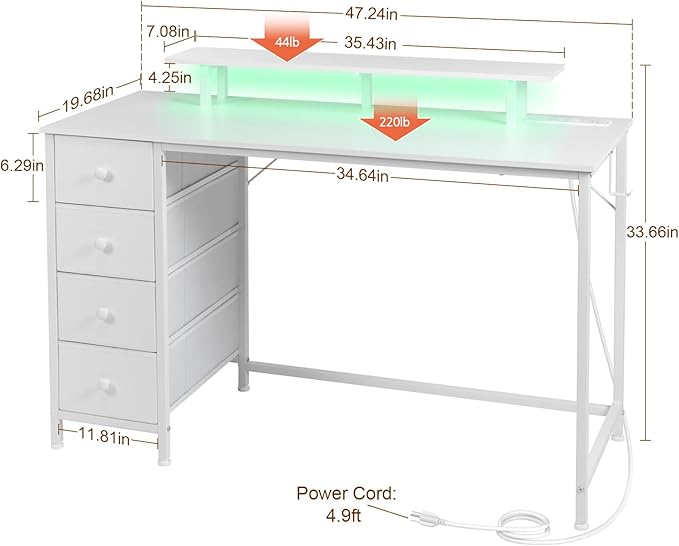White Computer Desk with LED Light & Power Outlets, 47 Inch Gaming Desk with 4 Fabric Drawers, Office Desk with Monitor Stand, Work Writing Desk with Hooks for Home Office, Bedroom, HGD12WT - LeafyLoom